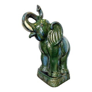 1970's Hollywood Regency Large Green Glaze Ceramic Elephant Symbolizing Good Fortune and Positive Energy For Sale