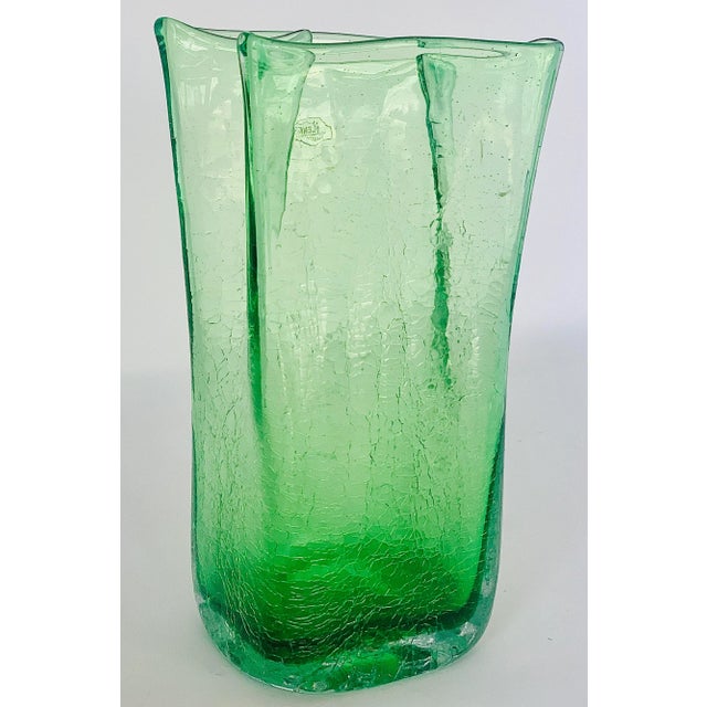 Mid-Century Modern 2009 Blenko Antique Green Paper Bag Blown Art Crackle Glass Vase Mid-Century Modern Style For Sale - Image 3 of 12