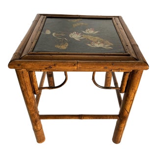 1990s Small Bamboo Occasional Table With Oriental Design Top For Sale