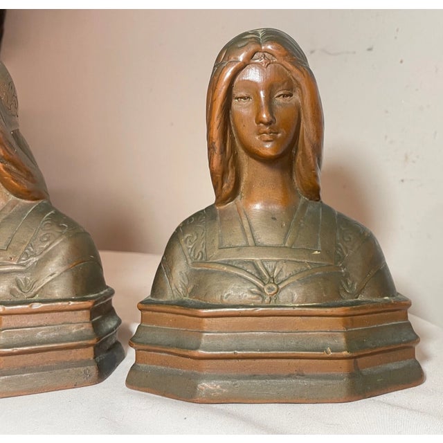 Pair of 2 Antique 1800's Bronze Clad Lady Bust Statue Beatrice Bookends Set For Sale In New York - Image 6 of 12