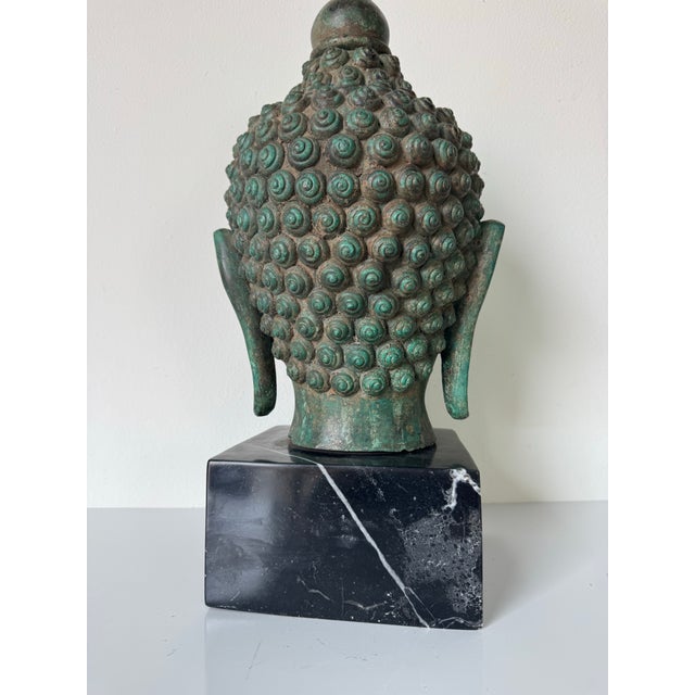Verdigris Vintage Verdigris Bronze Buddha Head Sculpture on Black Marble Base For Sale - Image 8 of 12