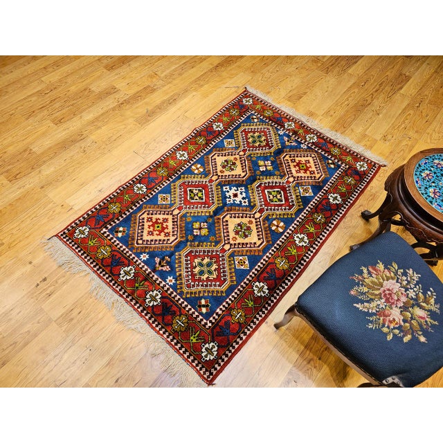 Vintage Persian Shiraz Yalameh Tribal Area Rug, Hand-Knotted Wool, Allover Geometric Pattern, Blue & Red, 3x5 For Sale - Image 4 of 17