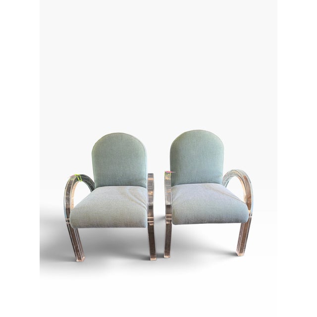 Pair of Charles Hollis Jones Mid Century Modern Blue Velvet Lucite Chairs.