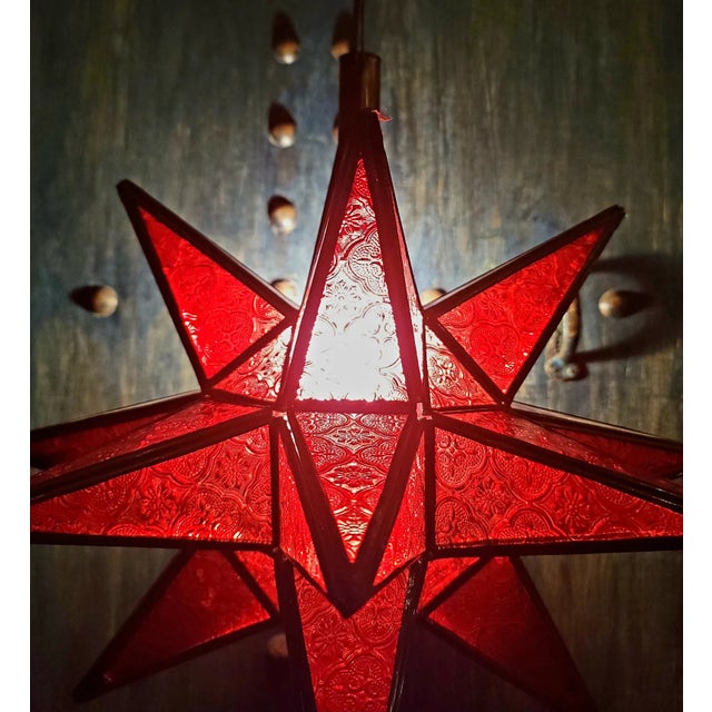 21st Century Large Handmade Frosty Red Moroccan Star Lantern For Sale In Orlando - Image 6 of 6