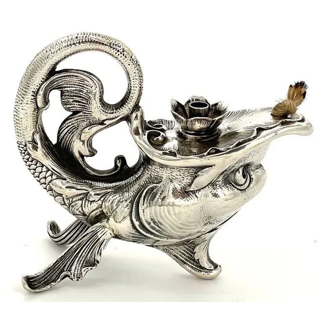 Art Nouveau Late 19th Century Art Nouveau German Sterling Fantasy Fish Motif Oil Lamp/Cigar Lighter For Sale - Image 3 of 12