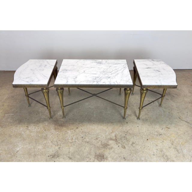 Brass Mid 20th Century French Neoclassical Regency Style Tripartite X-Base Brass & Carrara Marble Tables For Sale - Image 8 of 12