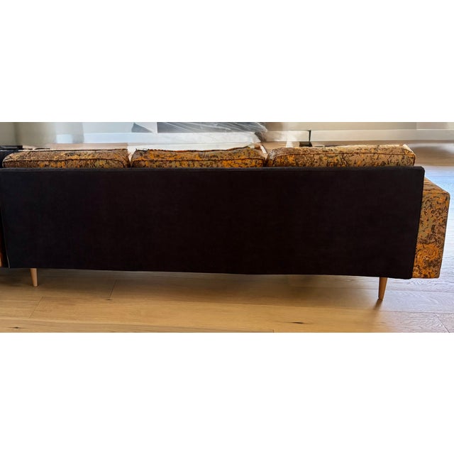 1960's MCM Sofa - Reupholstered in a Luxuriously Soft Black Chenille and a Burnt Orange/Tan/Brown Paisley Cotton Fabric For Sale - Image 9 of 11