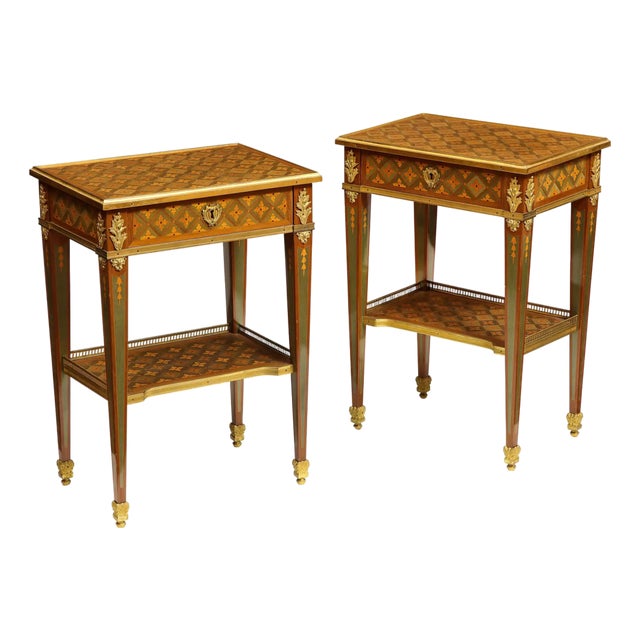 Exceptional Pair of French Ormolu-Mounted Parquetry and Marquetry Side Tables For Sale