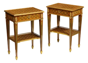 Exceptional Pair of French Ormolu-Mounted Parquetry and Marquetry Side Tables