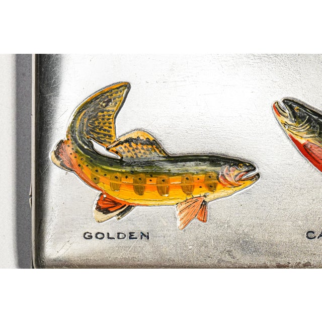 Metal Amazing Antique Sterling Silver Hand Painted Enamel Fishing Fish Trout Cigarette Case Holder Sporting Art Deco Luxury Style For Sale - Image 7 of 18