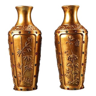 Vintage Pair Gilded Brass Vases, High Relief Carved Four Gentlemen Motif, Inlaid Gemstones, Chinoiserie Matching Vase Set For Sale