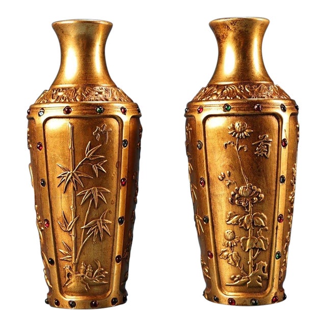 Vintage Pair Gilded Brass Vases, High Relief Carved Four Gentlemen Motif, Inlaid Gemstones, Chinoiserie Matching Vase Set For Sale
