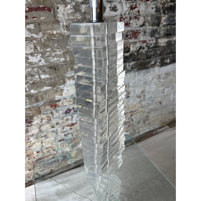 Plastic Vintage Lucite Acrylic Floor Lamp With Built-in Glass Side Table For Sale - Image 7 of 13