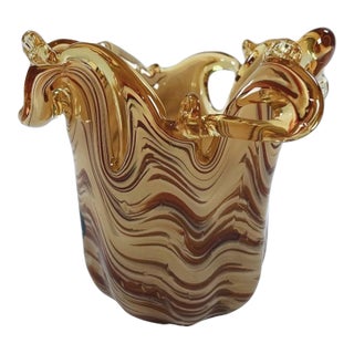 Vintage Murano White Cristal Amber Brown Swirl Art Glass Vase For Sale