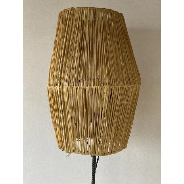Mid-Century Modern Brutalist Wrought Iron Floor Lamp with Magazine Holder and Sisal Shade, 1950s For Sale - Image 3 of 12