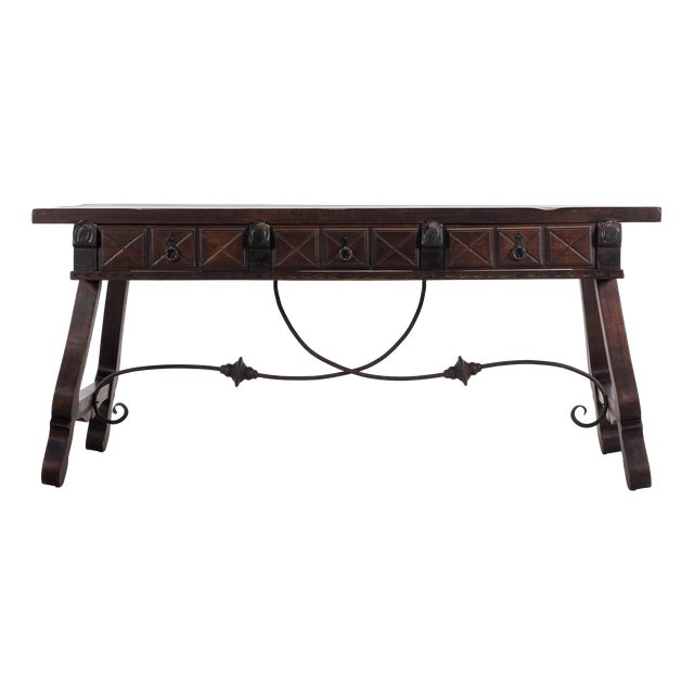 Renaissance Spanish Elm and Wrough Iron Desk, 1960 For Sale