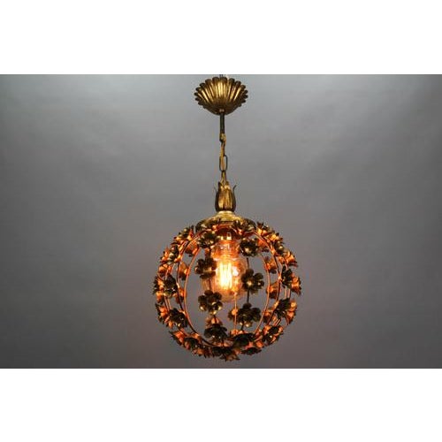 Hollywood Regency Style Gilt Metal Floral Sphere Pendant Light, Italy, 1970s For Sale - Image 13 of 18