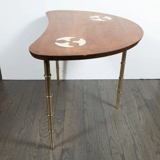 Wood Mid-Century Organic Inlaid Brass & Walnut Bowfront Side/End Table by Mastercraft For Sale - Image 7 of 10
