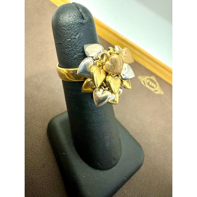 Contemporary Multiple Heart Charm Floating 18 Kt Yellow, Rose & White Gold Heart Ring size 6 For Sale - Image 3 of 18