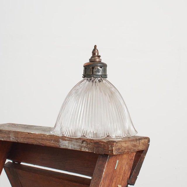 antique reclaimed holophane glass pendant light – aj a vintage bell shaped glass prismatic pendant light shade which looks...