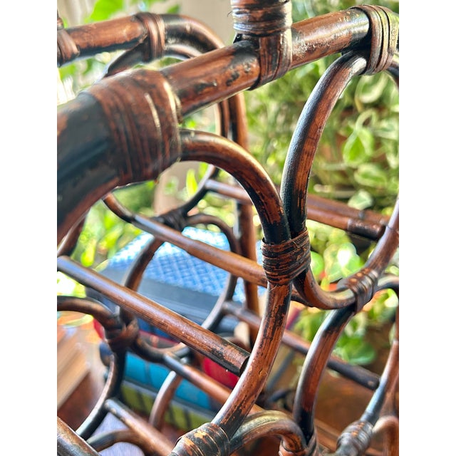 Wood Vintage Boho Chic Scorched Tortoise Bamboo 6 Bottle Wine Holder For Sale - Image 7 of 11