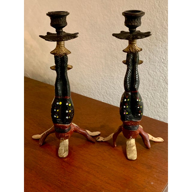 Chinoiserie Antique Pair of Iron Chinese Acrobat Candle Holders For Sale - Image 3 of 6