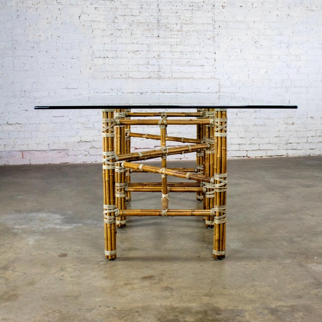 Wood Late 20th Century Campaign Style Double Pedestal Dining Table by McGuire Bamboo Bases & Glass Top For Sale - Image 7 of 18