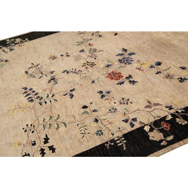 Room Size Modern Chinese Style Brown Wool Rug With Floral Motif For Sale In New York - Image 6 of 10