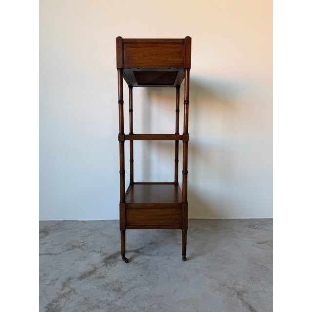 1970’s Vintage Mount Airy Three-Tier Walnut Etagere With Drawers & Brass Casters For Sale - Image 11 of 12