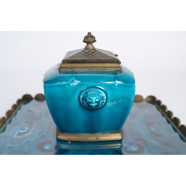 Turquoise Gilded Bronze and Turquoise Enameled Earthenware Inkstand by Theodore Deck For Sale - Image 8 of 10
