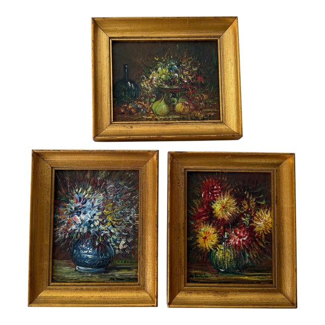 1980’s Vintage Still Life Oil on Masonite Paintings, Framed Set of 3 For Sale
