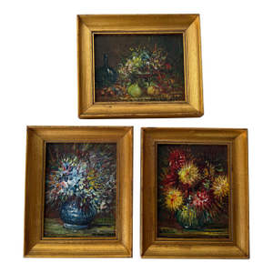 1980’s Vintage Still Life Oil on Masonite Paintings, Framed Set of 3