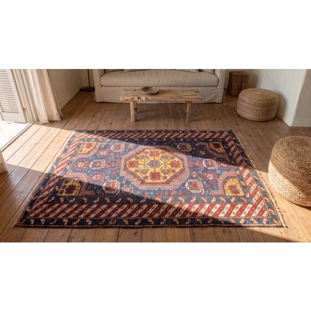 Royal Blue 1920s Blue Geometric Antique Caucasian Rug 3'6" X 4'10" Handknotted Wool Carpet For Sale - Image 8 of 9