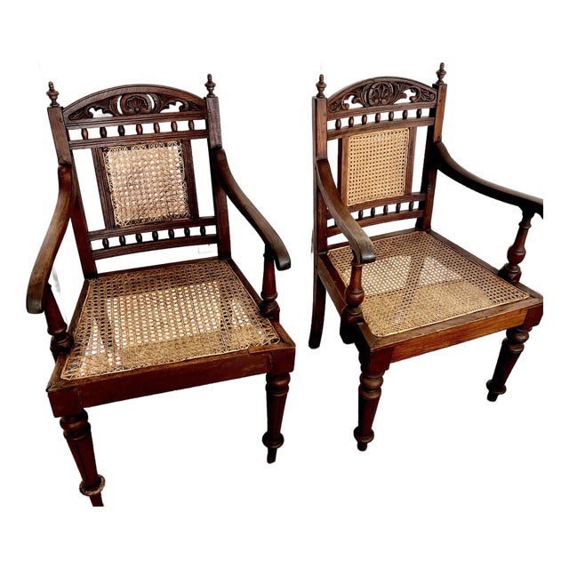 Antique Anglo-Indian Style Carved Armchairs With Woven Caning For Sale
