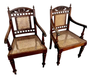 Antique Anglo-Indian Style Carved Armchairs With Woven Caning