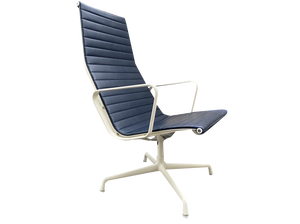 Ea 124 Rigid Blue Skye Leather and Aluminum White Frame Armchair by Charles for Ray Eames Vitra, 1970s