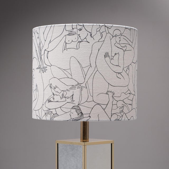 Vintage Mirrored Table Lamp with Pierre Frey Fabric Shade, 1980s For Sale - Image 3 of 9