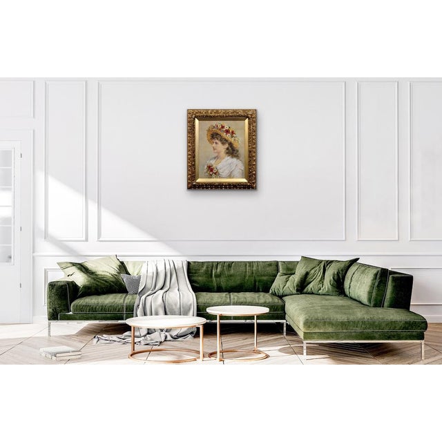 Alice Anne Renshaw, Young Lady with Summer Meadow Flowers in Her Straw Hat, Watercolour & Gouache Painting, 1800s, Framed For Sale - Image 16 of 18