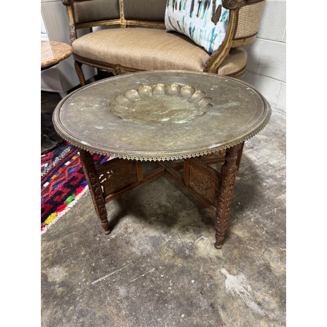Moroccan Style Brass Tray Teak Table For Sale - Image 4 of 9