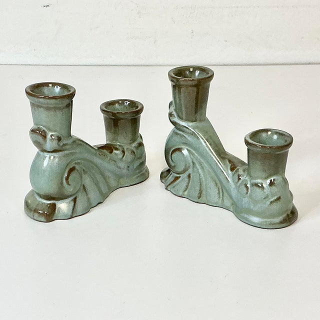 1950s Vintage Boho Chic Americana Arts & Crafts Frankoma Pottery Double Arm Candlestick Holders - A Pair For Sale - Image 14 of 18