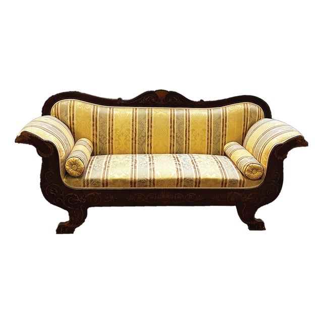 Charles X Style Mahogany Sofa with Marquetry Details, 19th Century For Sale