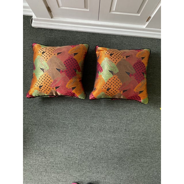 Tangerine Pair of Down Fill Decorative Designer Pillows With Colorful Abstract Horse Head Pattern For Sale - Image 8 of 9