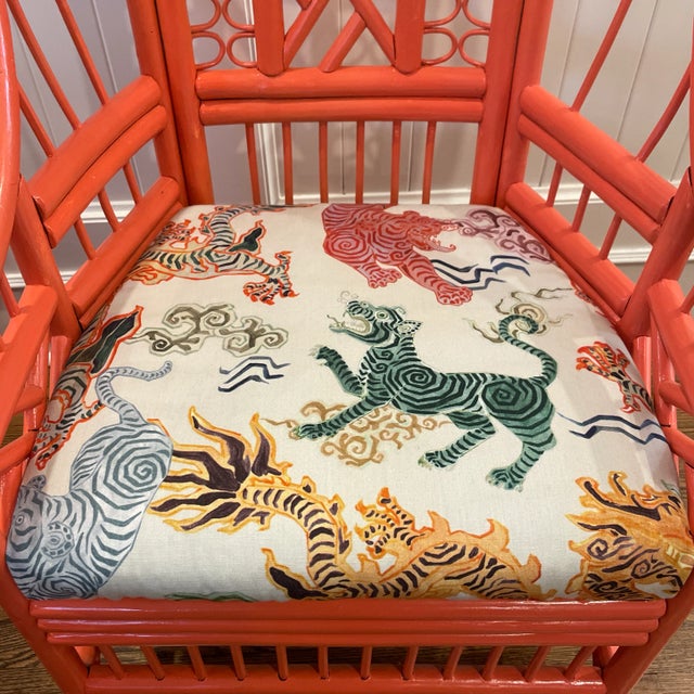 Vintage Coastal Regency Brighton Style Chairs With Custom Designer Chinoiserie Tiger Dragon Print Upholstery - a Pair For Sale - Image 9 of 11