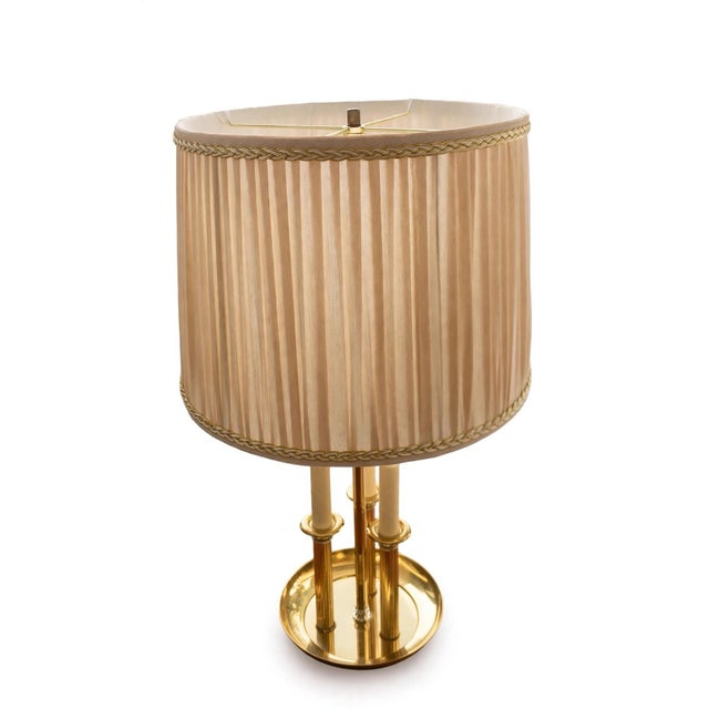 Set of 2 Vintage Brass Bouillotte Pair Table Lamps 3 Arm Candelabra Lamp With Pleated Shades Hollywood Regency For Sale - Image 10 of 12