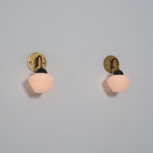 Black Vintage Italian Wall Sconces in Brass and Opaline Glass, 1950s, Set of 2 For Sale - Image 8 of 9