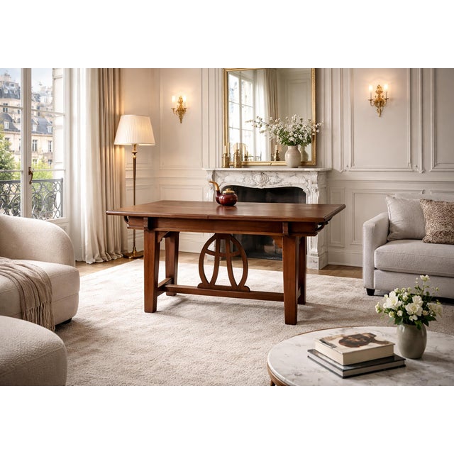 Brown Art Nouveau Italian Walnut Extendable Dining Table with Lyre Motif Base, 1905 For Sale - Image 8 of 14