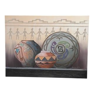 1990s Large Contemporary James Eagle Southwestern Pottery Mixed Media Painting For Sale