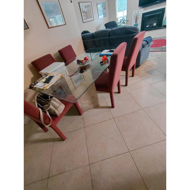 1970s Mid‑Century Italian Dining Table With Glass Top and Travertine Base, 1970s For Sale - Image 5 of 6