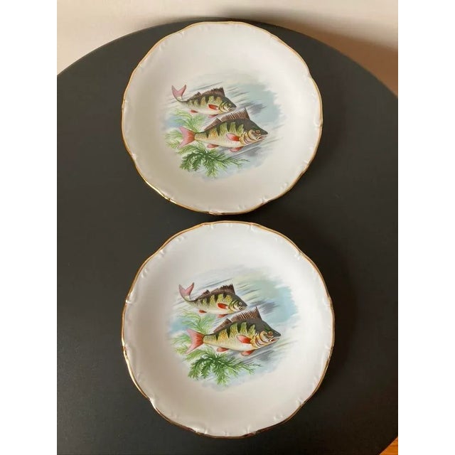 A beautiful set of two (2) French Limoges porcelain fish plates, France, circa early to mid 20th century. Piece showcases...