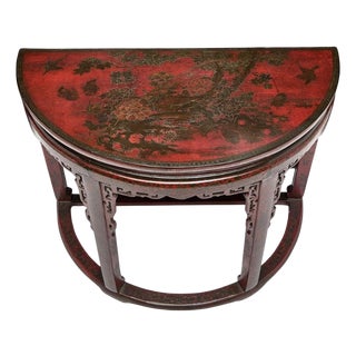 Chinoiserie Red Lacquered Demi-Lune Console For Sale